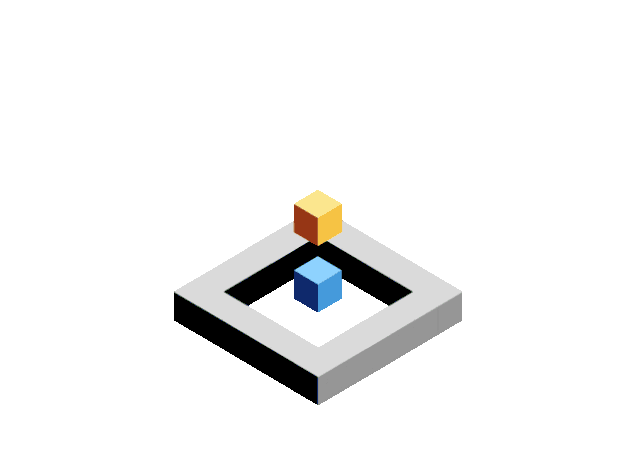 Animation of 2 cubes merging and a 3d frame growing upwards.
